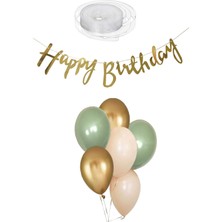 Özbal 7 Küf Yeşili 3 Krom Gold 3 Kum Rengi Pastel Balon Gold Happy Birthday Banner Mini Zincir Balon Seti