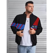 Tarz Yeri Unisex Uzun Koll Fermuarlı Baskılı Rüzgarlik - Siyah