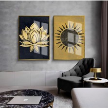 Harikabirev Harikabirev|gold-Siyah Güneş ve Lotus Çiçeği Kombini |çerçeveli Cam Tablo  2li Dikey