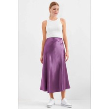 Hazelin Kadın Lila Saten Yüzeyli Beli Lastikli Midi Boy Etek HZL23S-BD1101471