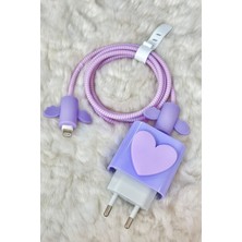 Apple iPhone 18W/20W Uyumlu Şarj Başlık Kablo Koruyucu Örme Set Mor Kalp Figürlü