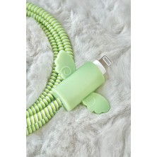 Apple iPhone 18W/20W Uyumlu Şarj Başlık Kablo Koruyucu Örme Set Yeşil Kalp
