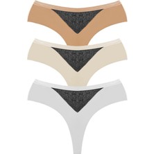 Cottonhill File Detaylı Beli Lastikli Lazer Kesim Büyük Beden Kadın Tanga Külot 3'lü Paket-2