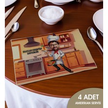 Bk Gift Kişiye Özel Karikatürlü 4’li Keten Amerikan Servis Seti-4, Ev Hediyesi,baskılı Servis Bezi, Mutfak Dekoru