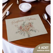 Bk Gift Kişiye Özel Çiçek Tasarımlı 4’li Keten Amerikan Servis Seti-16, Ev Hediyesi,baskılı Servis Bezi, Mutfak Dekoru