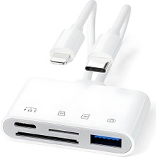 Polham 4in2 Type-C ve Lightning Çift Girişli 1xsd-Tf Kart, 1x Type C ve 1x USB Otg Çevirici Adaptör