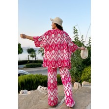 Fuşya Renk Desenli Ikili Kimono Takım (RAHAT KALIP)
