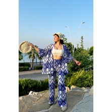 Mavi Renk Moda Desenli Ikili Kimono Takım ( Rahat Kalıp )