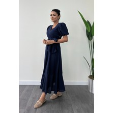 Keten Kumaş Kruvaze Yaka Midi Elbise - Lacivert