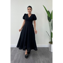 Keten Kumaş Kruvaze Yaka Midi Elbise - Siyah