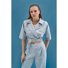 Fabb Mint Toka Detaylı Arka Lastikli Crop ve Cepli Arka Lastikli Pantolon Takım