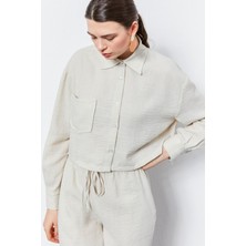Fabb Bej Crop Gömlek Cep Detaylı Pantolon Takım