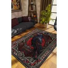 Homshtag Gotik Karga Temalı Halı Kırmızı Renkli Retro Oturma Odası Halısı Karanlık Karga Halısı
