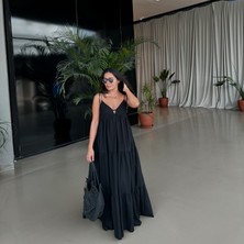 Nur Sönmez Fashion Siyah Ip Askılı Uzun Elbise