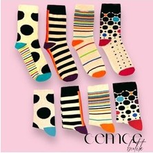 Cemce Butik Pamuklu Karışık Renkli Desenli Çorap 4 Lü Karışık Renkli Çizgili Puantiyeli Kadın Çorap
