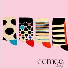 Cemce Butik Pamuklu Karışık Renkli Desenli Çorap 4 Lü Karışık Renkli Çizgili Puantiyeli Kadın Çorap