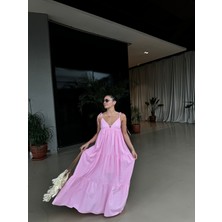 Nur Sönmez Fashion Pembe Ip Askılı Uzun Elbise