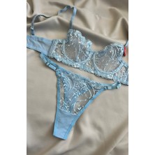 Arona Kadın Mavi Dantelli Bralet Takımı 2 Parça Çiçek Desenli Rahat ve Şık Tasarım