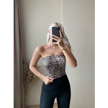 Zora Butik Katlamalı Leopar Desen Straplez Crop