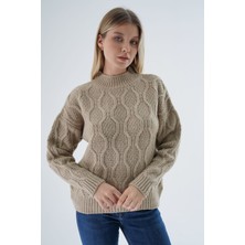 Trist Star Kadın Bej Oversize Yarım Balıkçı Yürütme Petek Örgü Yün Özel Iplik Triko Örme Kazak