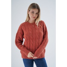 Trist Star Kadın Kiremit Oversize Bisiklet Yaka Saç Örgülü Yünlü Özel Iplik Triko Örme Kazak TRIST-6167