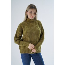 Trist Star Kadın Olive Oversize Balıkçı Yaka Selanik Saç Örgülü Yünlü Özel Iplik Triko Örme Kazak TRIST-6159