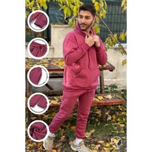 CMZ Collection Erkek Mürdüm 3 Iplik Kapşonlu Puf Eşofman Takımı