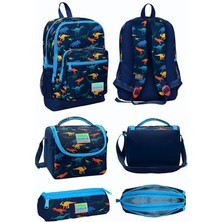 Lacivert Mavi Dinazor Desenli Dört Bölmeli Okul Sırt Çantası Beslenme Çantası Kalem Çantası