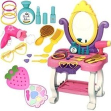 Depomiks Oyuncak Aynalı Prenses Makyaj Masası Aksesuarlı + Sürülebilir Çilek Makyaj Seti Kız Çocuk Oyuncak