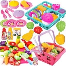 Depomiks Oyuncak Bulaşıklık Tabak Tencere + 14 Parça Kesilebilen Meyve Sebze + Meyveli Market Sepeti