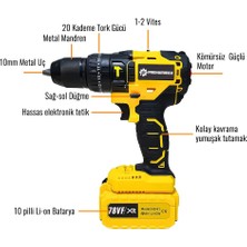 Prohummer PH-SM021 78VF Darbeli Çift Akülü Vidalama Matkap Seti (Sarı)