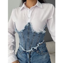 Rose TML Kadın Beyaz Jean Garnili Crop Gömlek