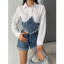 Rose TML Kadın Beyaz Jean Garnili Crop Gömlek