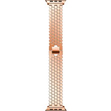 Quse Apple Watch Seri SE/11/10/9/8/7/6/5/4/3 ile Uyumlu 46MM-45MM-44MM Bal Peteği Çelik Kordon Rose Gold