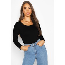 CHEISU Kadın Siyah Uzun Kollu Yuvarlak Yaka T-Shirt Bluz Kaşkorse Fitilli