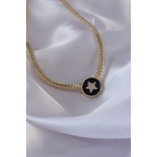 Style Of Carmen Pirinç Gold Renk Zirkon Taşlı Yıldız Model Siyah Mineli Ezme Zincirli Serenay Kolyesi