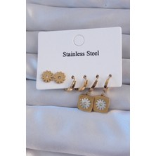 Style Of Carmen 316L Çelik Gold Renk Zirkon Taşlı Sedefli Papatya Model Halka Küpe Seti