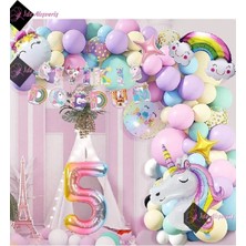 Store 5 Yaş Karakterli Unicorn Temalı Iyi Ki Doğdun Makaron Balon Doğum Günü Parti Kutlama Seti