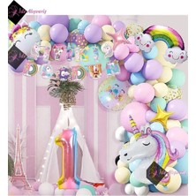 Store 1 Yaş Karakterli Unicorn Temalı Iyi Ki Doğdun Makaron Balon Doğum Günü Parti Kutlama Seti