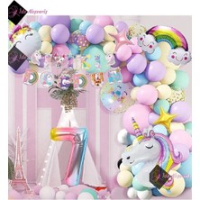 Store 7 Yaş Karakterli Unicorn Temalı Iyi Ki Doğdun Makaron Balon Doğum Günü Parti Kutlama Seti