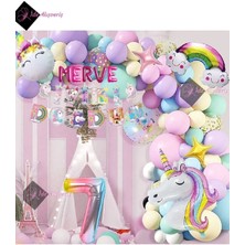 Store 5 Harfli 7 Yaş Karakterli Unicorn Temalı Iyi Ki Doğdun Makaron Balon Doğum Günü Parti Kutlama Seti