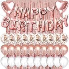 Store Rose Gold Pembe Happy Birthday Ve Kalp Folyo Ve 30 Rose Beyaz Şeffaf Balonlu Arka Fon Perde Set