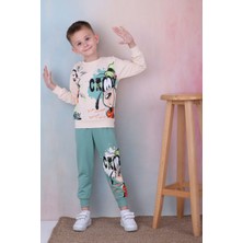 Lolli Boom Kids  Yeni Sezon Erkek Çocuk Krem - Petrol Renk Karakter Baskılı Alt Üst Eşofman Takımı