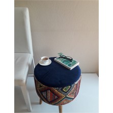 Tekno Trust Ahşap Retro Gürgen Ahşap Ayaklı Dekoratif Etnik Üst Lacivert Desenli Silindir Puf Bench Koltuk Poly