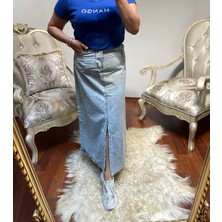 Gokili Butik Gokilibutik Mavi Kar Yıkamalı Önden Yırtmaçlı Kot Etek