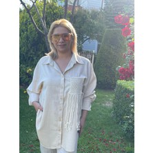 Gokili Butik Kadın Örgü Detay Taş Rengi Keten Oversize Gömlek