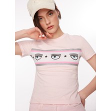 Chiara Ferragni Bisiklet Yaka Baskılı Pembe Kadın T-Shirt 75CBHF02