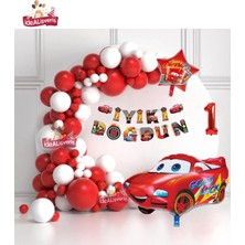 Store Bannerli 1 Yaş Kırmızı Araba Yıldız Folyo Balonlu Beyaz Kırmızı Konsept Doğum Günü Parti Seti