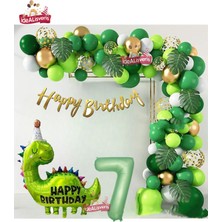 Store Happy Birthday Yazılı Dinozor 7 Yaş Folyo Balonlu Yeşil Gold Beyaz Doğum Günü Parti Seti