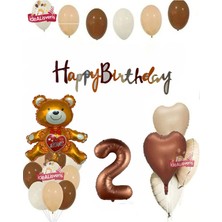 Store Kahverengi 2 Yaş Ayıcık Kalp Folyo Balonlu Beyaz Kahverengi Krem Doğum Günü Parti Seti